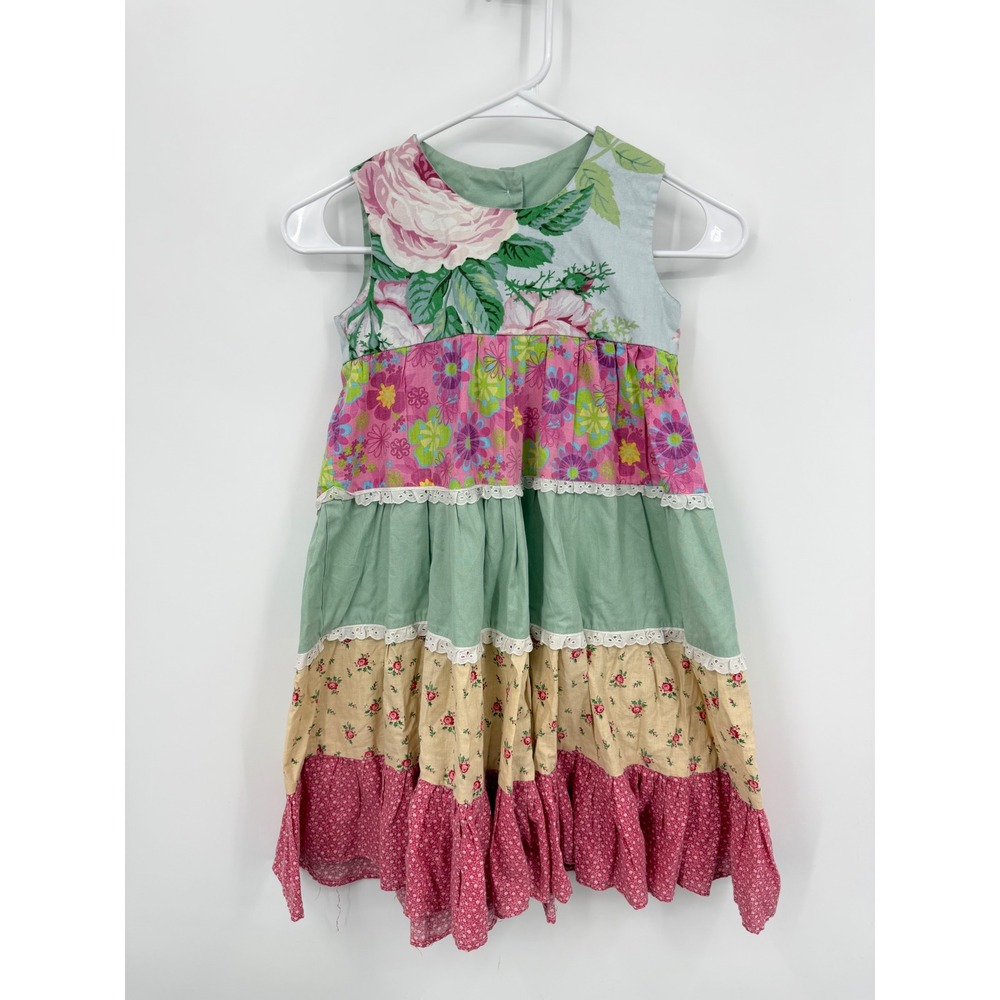 Handmade Floral Patchwork Tiered Dress Kids 6 Multi-Color Eyelet‎ Lace Trim